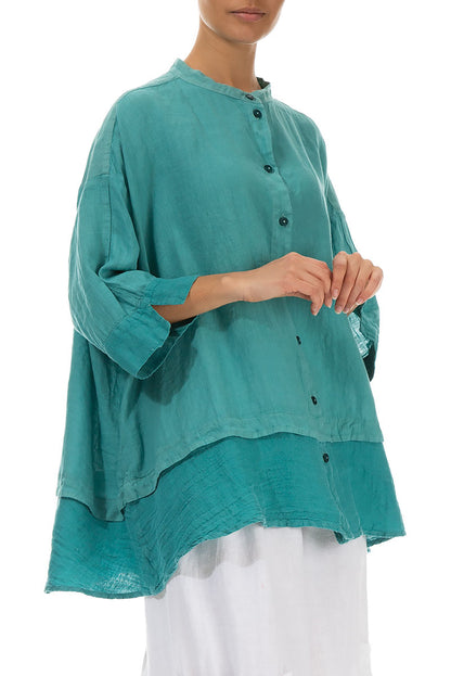 Flared Aqua Green Linen Shirt 4