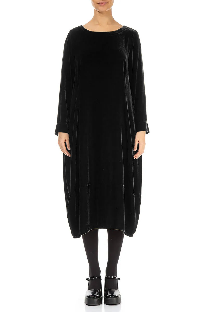 Flared Back Black Silk Velvet Dress