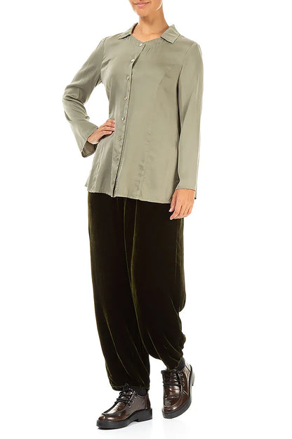Flared Back Forest Mist Silk Shirt 4