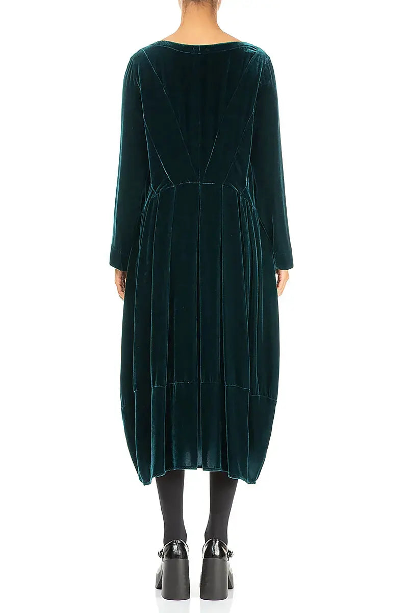 Flared Back Peacock Silk Velvet Dress