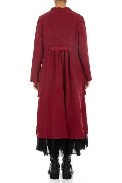 Veste Rouge rubis longue à patte de boutonnage en Lin épais