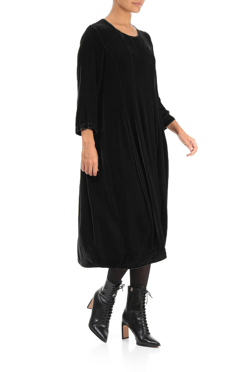 Flared Balloon Black Silk Velvet Dress 3