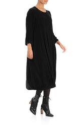 Flared Balloon Black Silk Velvet Dress 3