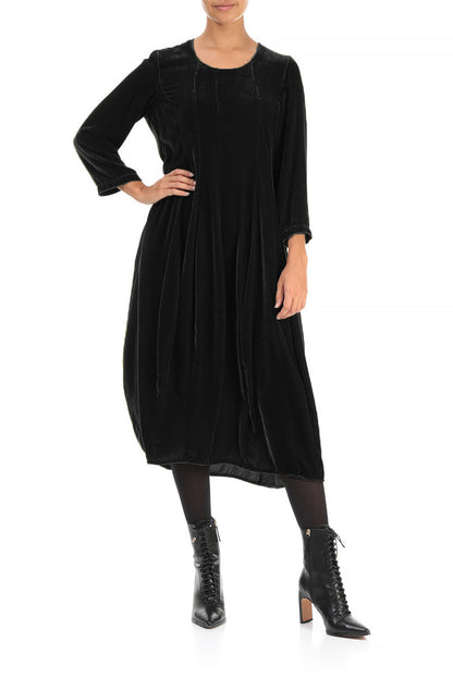 Flared Balloon Black Silk Velvet Dress 4