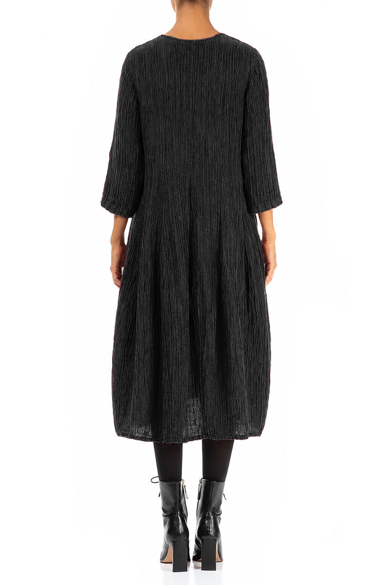 Flared Balloon Crinkled Black Silk Dress