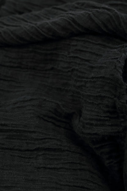 Flared Balloon Crinkled Black Silk Dress