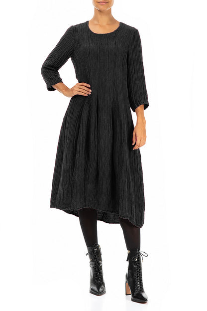 Flared Balloon Crinkled Black Silk Dress
