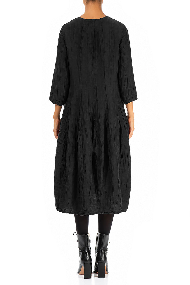 Flared Balloon Crinkled Black Silk Linen Dress 2