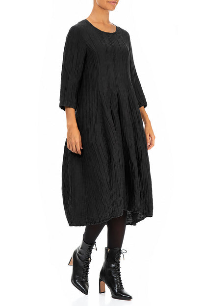 Flared Balloon Crinkled Black Silk Linen Dress 3