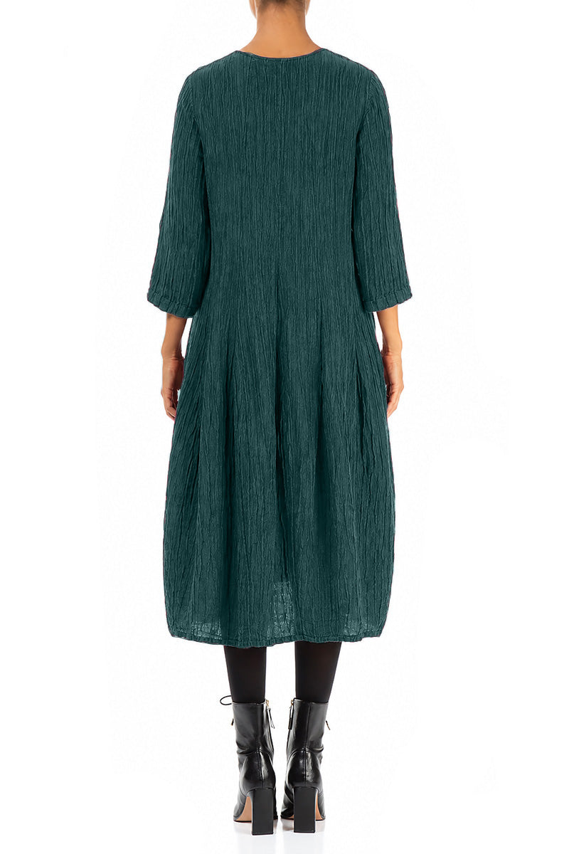 Flared Balloon Crinkled Deep Turquoise Silk Dress