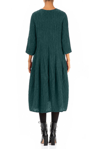Flared Balloon Crinkled Deep Turquoise Silk Dress