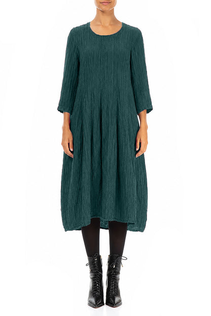 Flared Balloon Crinkled Deep Turquoise Silk Dress