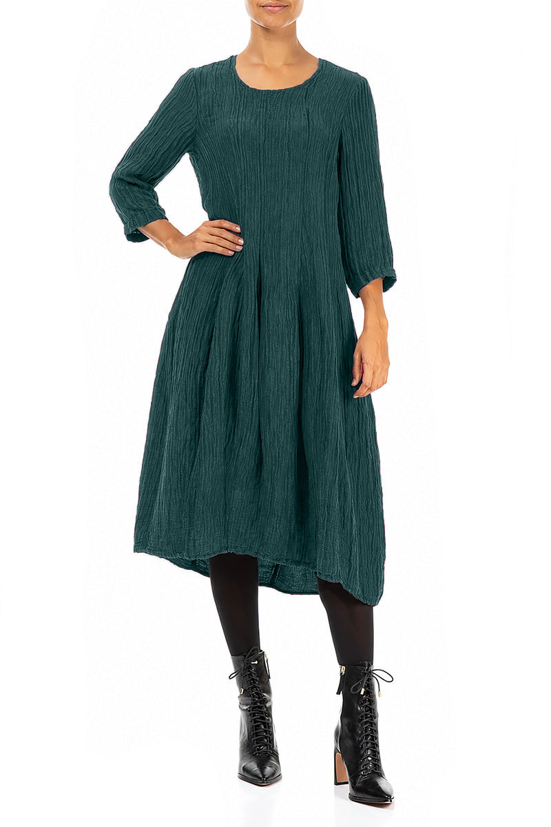 Flared Balloon Crinkled Deep Turquoise Silk Dress