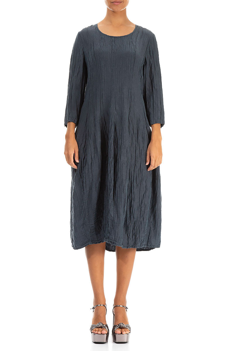 Flared Balloon Crinkled Graphite Silk Linen Dress 1