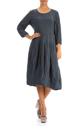Flared Balloon Crinkled Graphite Silk Linen Dress 3