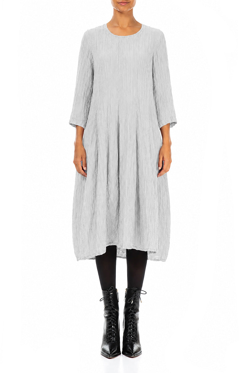 Flared Balloon Crinkled Pearl Grey Silk Dress 1