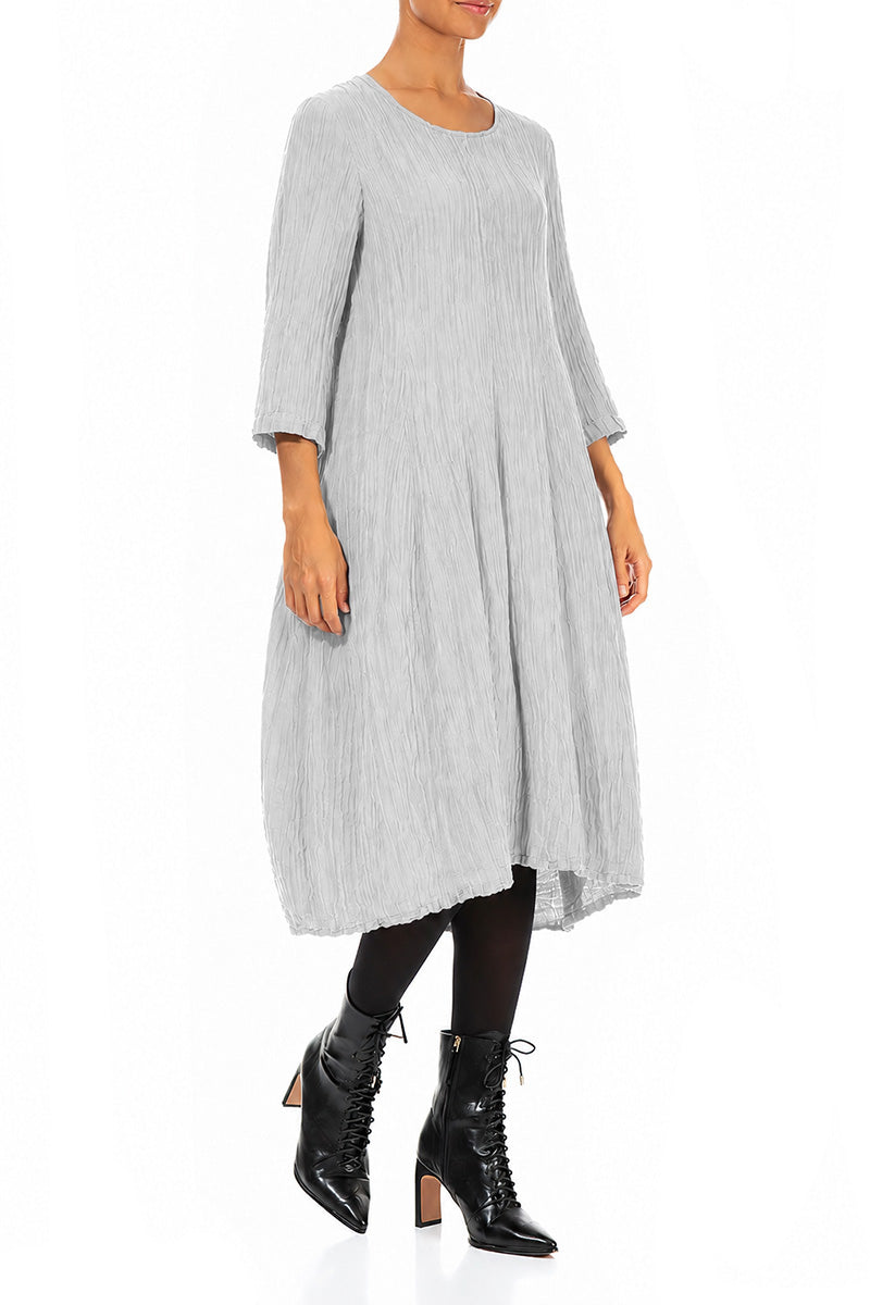Flared Balloon Crinkled Pearl Grey Silk Dress 3