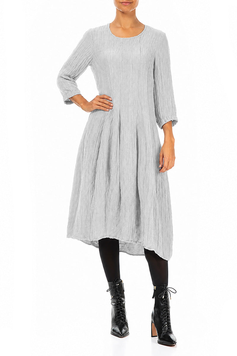 Flared Balloon Crinkled Pearl Grey Silk Dress 4