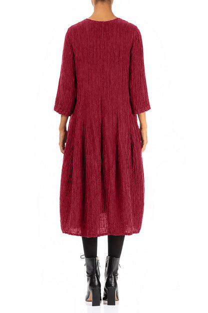 Flared Balloon Crinkled Ruby Silk Dress 2