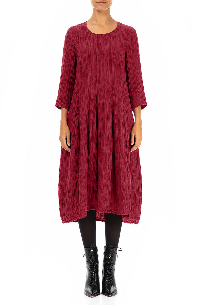 Flared Balloon Crinkled Ruby Silk Dress 1