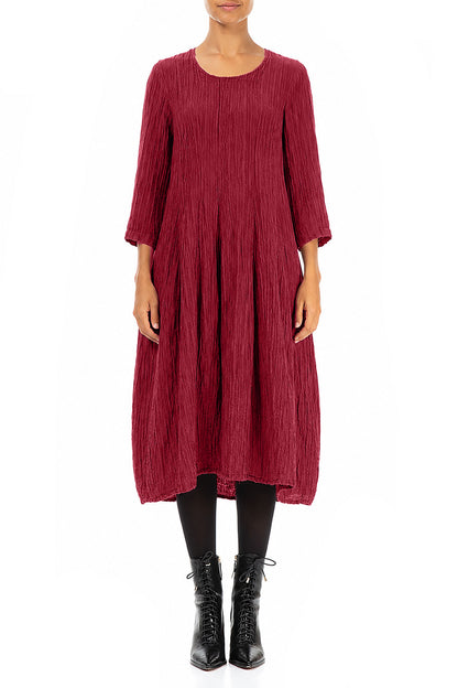 Flared Balloon Crinkled Ruby Silk Dress 1