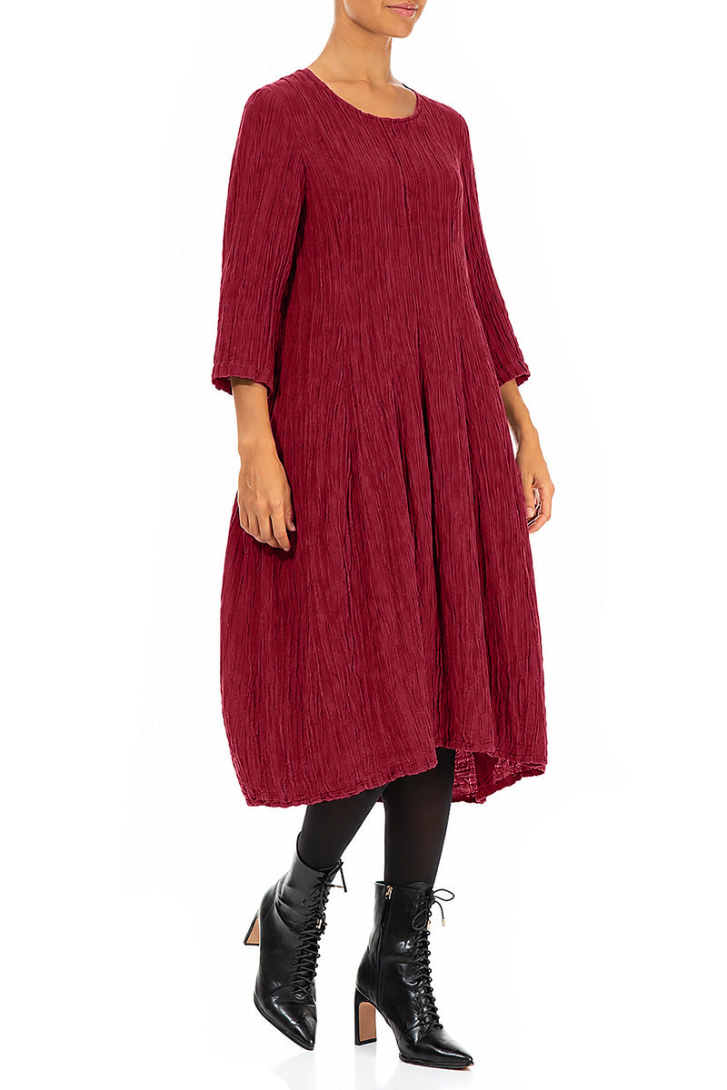 Flared Balloon Crinkled Ruby Silk Dress 4