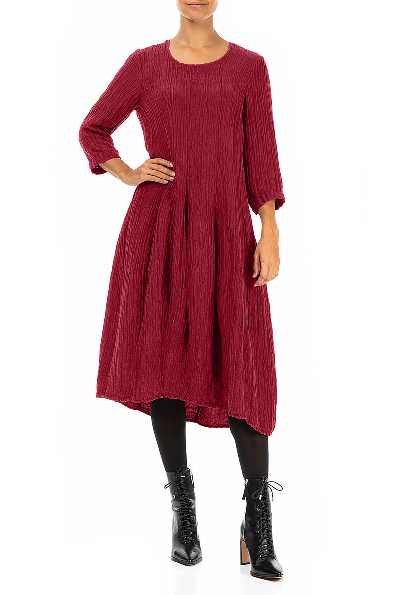 Flared Balloon Crinkled Ruby Silk Dress