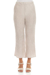 Flared Beige Crinkled Silk Trousers 1
