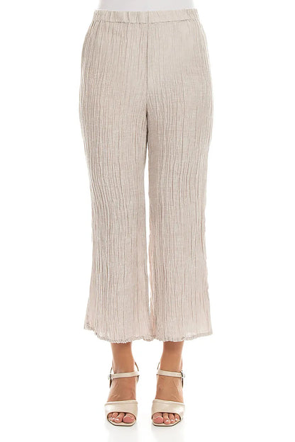 Flared Beige Crinkled Silk Trousers 1