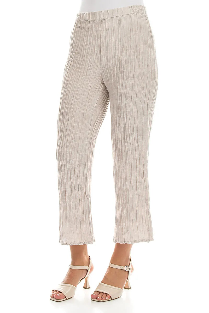 Flared Beige Crinkled Silk Trousers 3