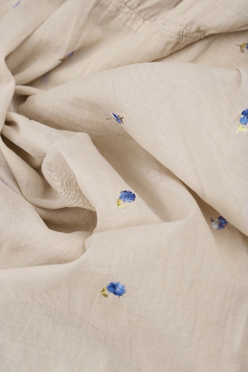 Flared Beige Embroidered Petals Cotton Shirt 5