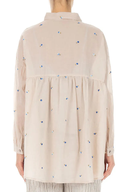 Flared Beige Embroidered Petals Cotton Shirt 2