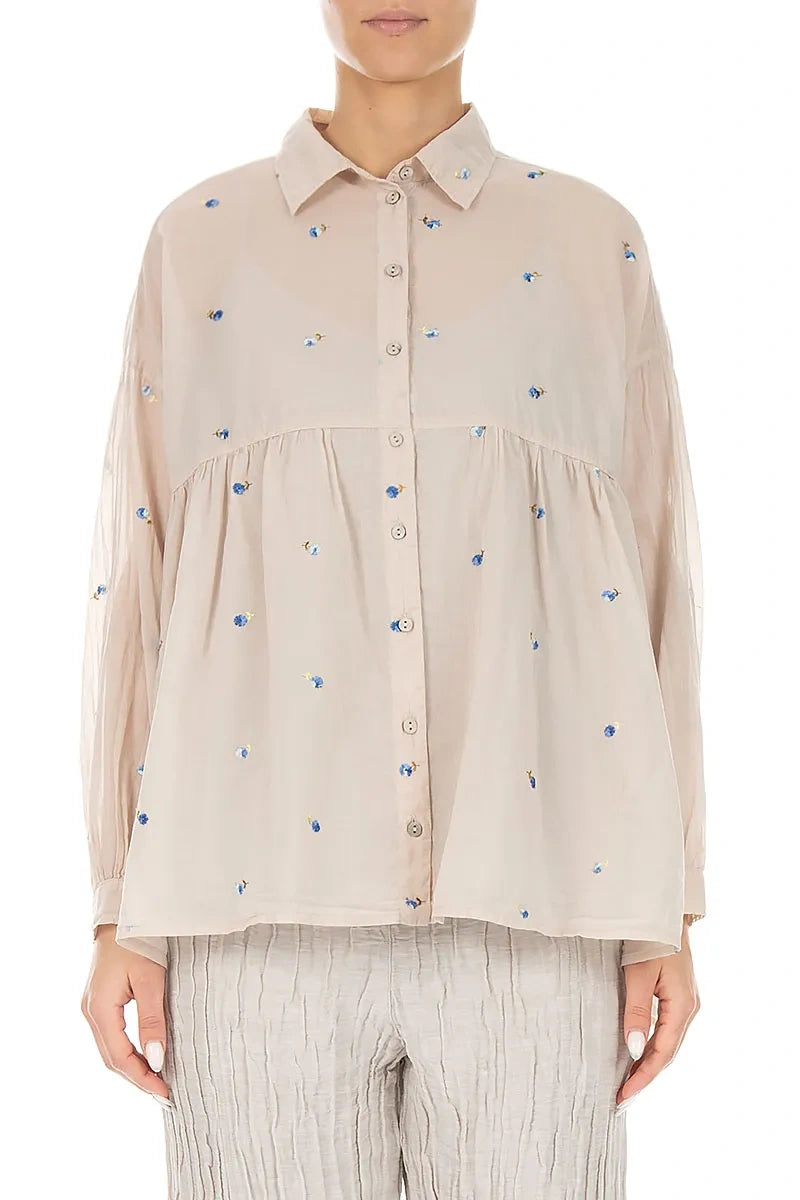 Flared Beige Embroidered Petals Cotton Shirt 1