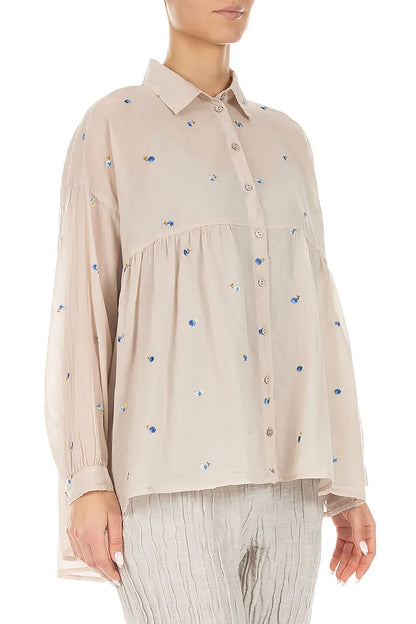 Flared Beige Embroidered Petals Cotton Shirt 3