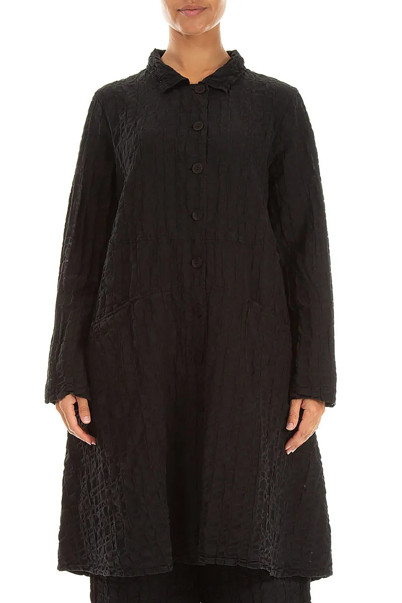 Flared Black Checkered Linen Cotton Jacket