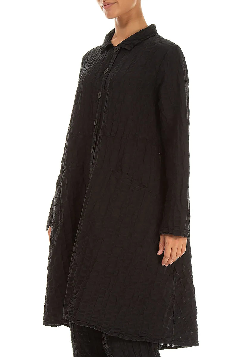 Flared Black Checkered Linen Cotton Jacket
