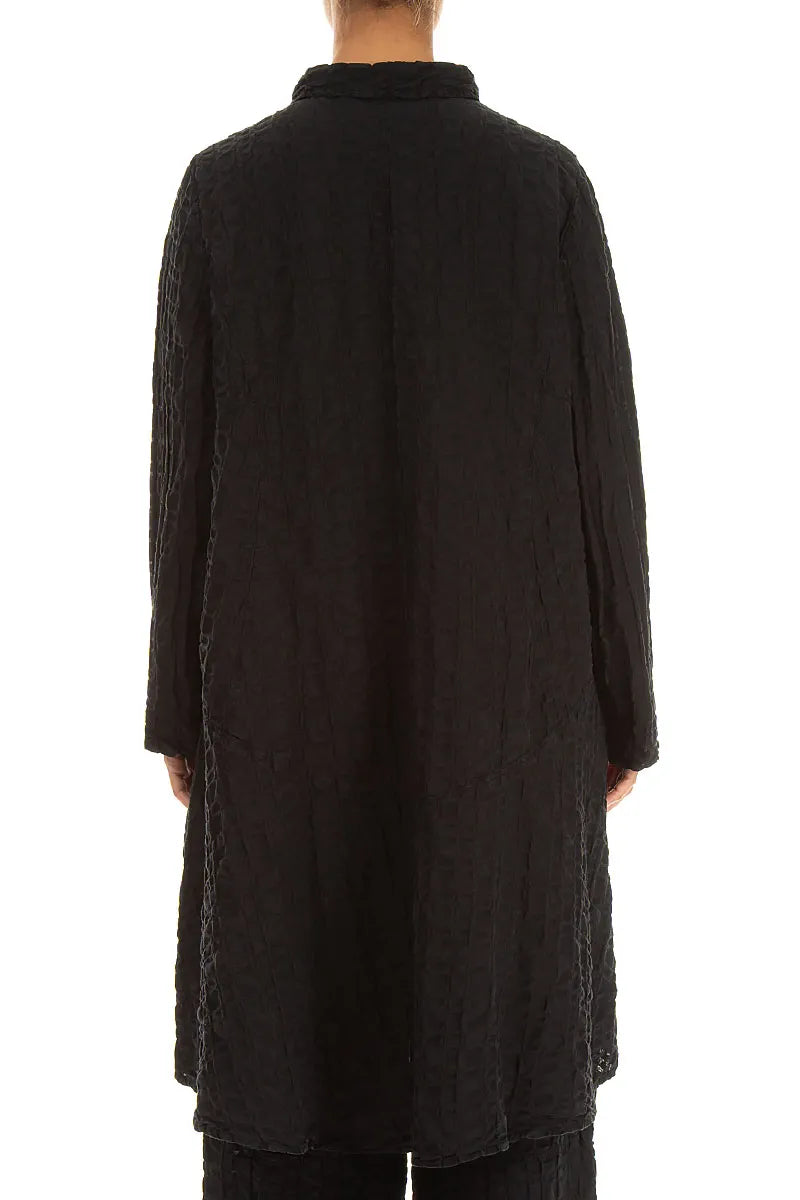 Flared Black Checkered Linen Cotton Jacket