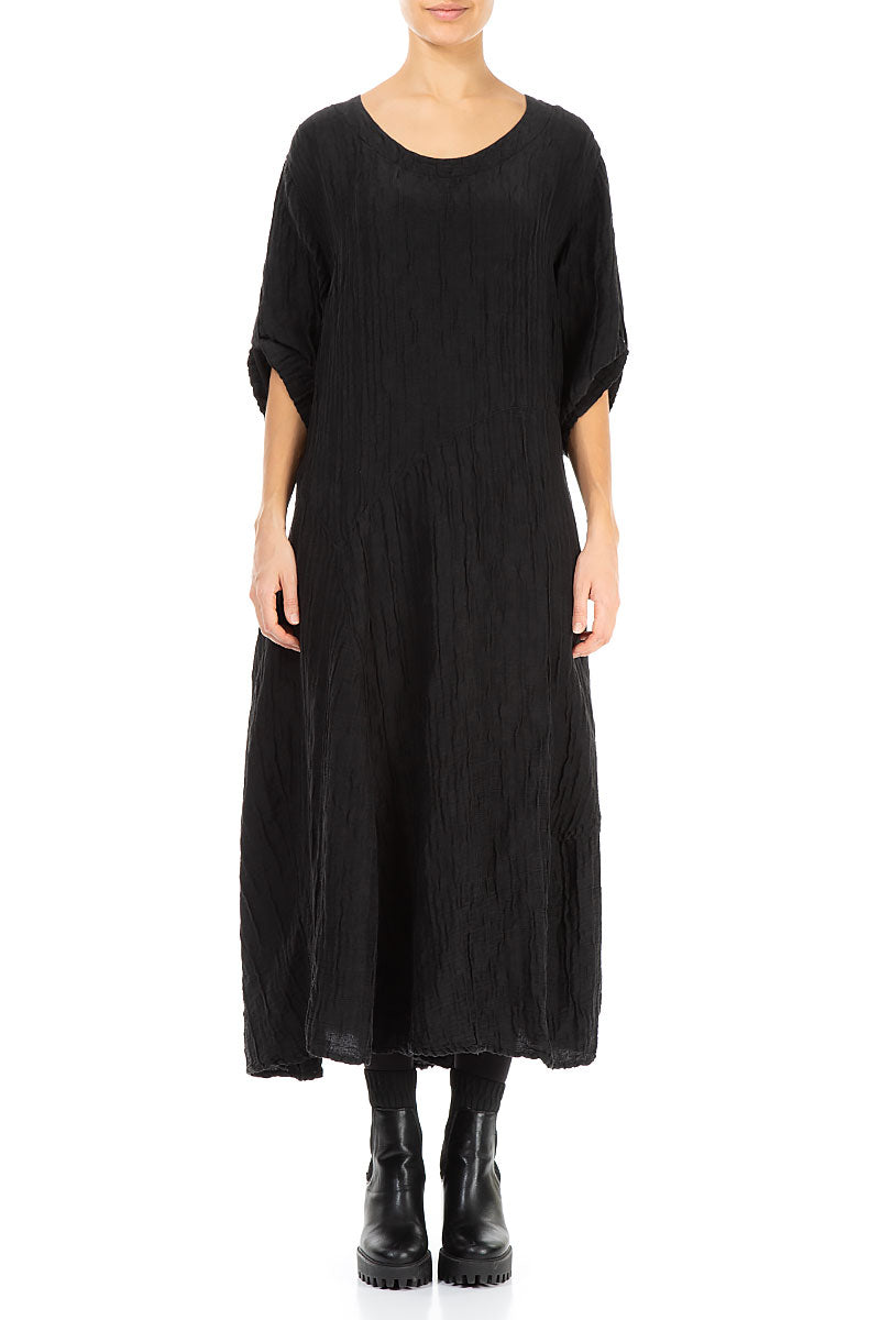Flared Black Crinkled Silk Linen Dress 1