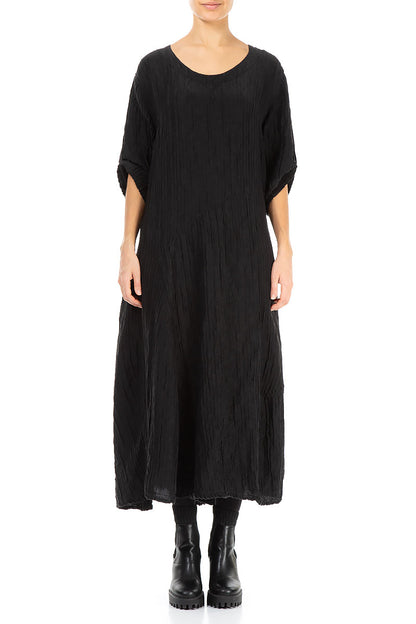 Flared Black Crinkled Silk Linen Dress 1