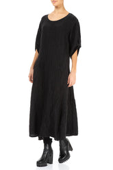 Flared Black Crinkled Silk Linen Dress 3
