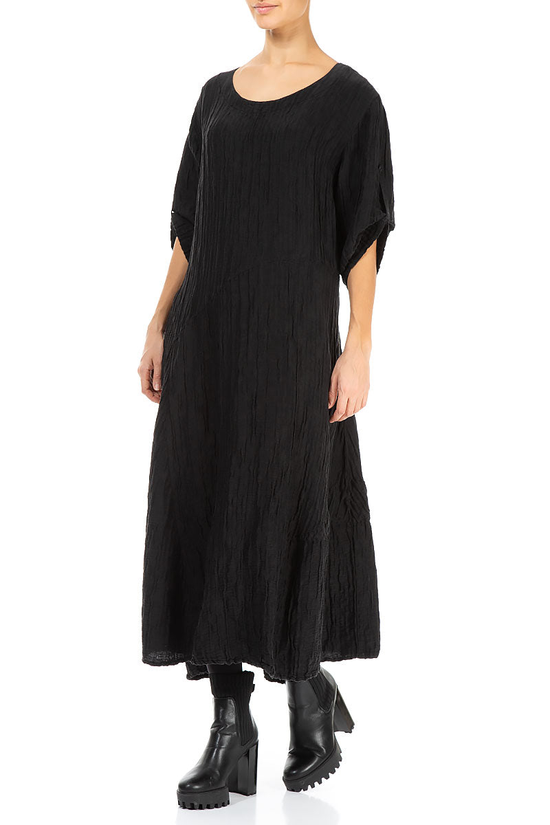 Flared Black Crinkled Silk Linen Dress 3