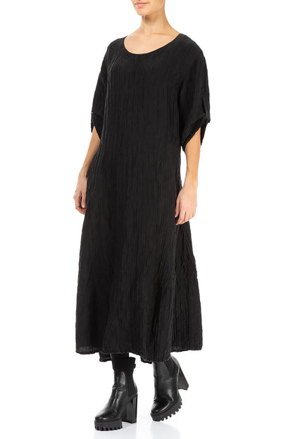 Flared Black Crinkled Silk Linen Dress 3