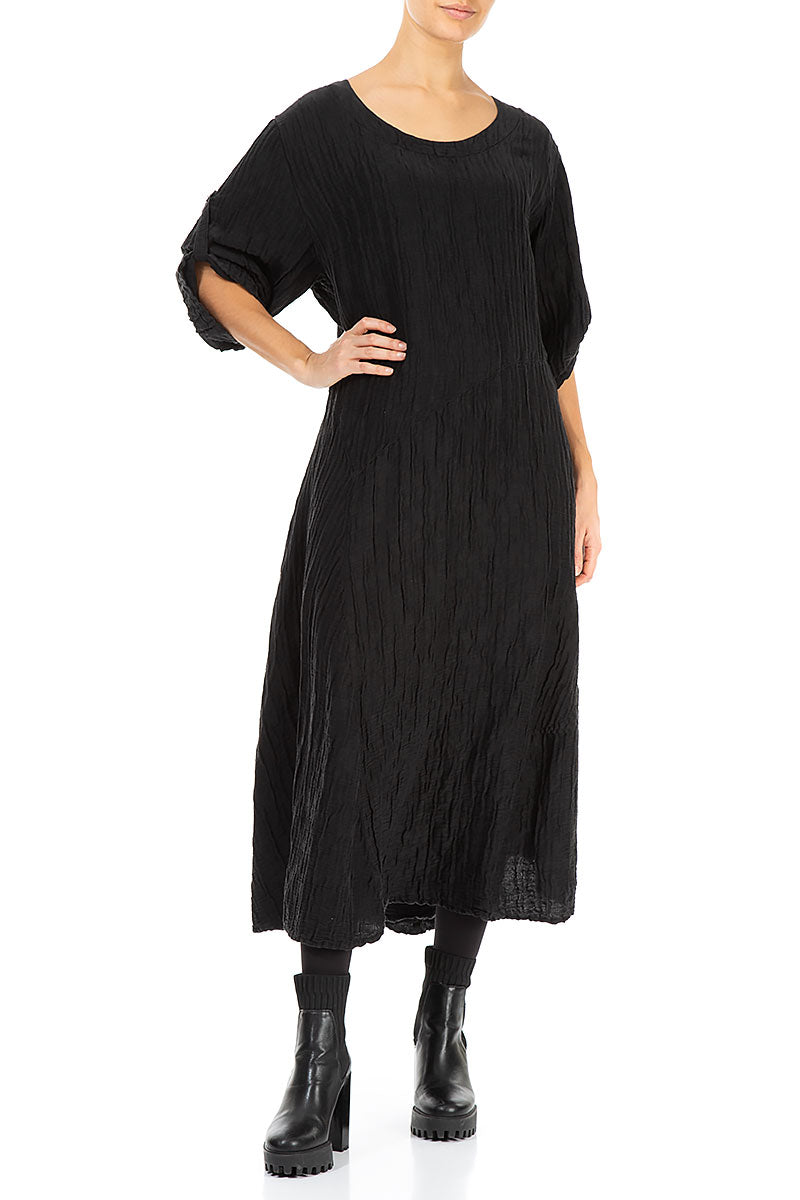 Flared Black Crinkled Silk Linen Dress 4