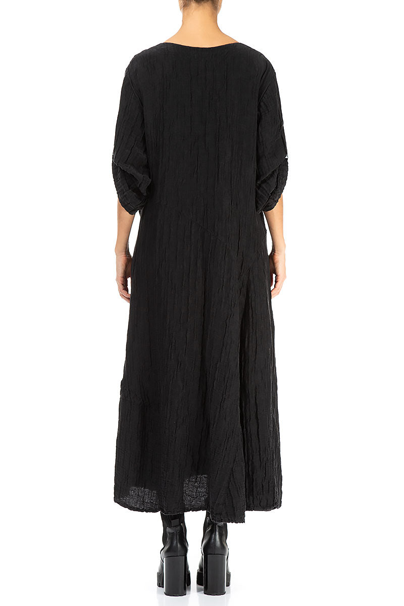 Flared Black Crinkled Silk Linen Dress 2