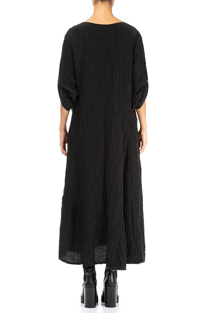 Flared Black Crinkled Silk Linen Dress 2