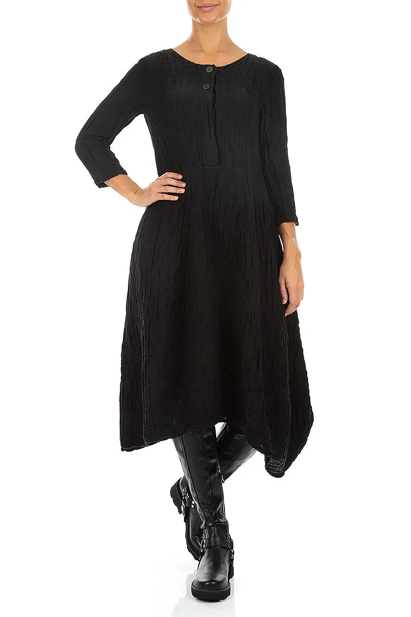 Flared Black Crinkled Silk Linen Dress 4