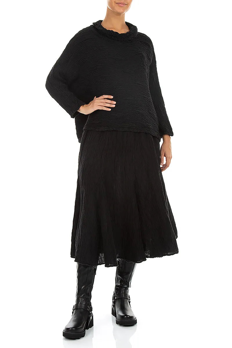 Flared Black Crinkled Silk Skirt