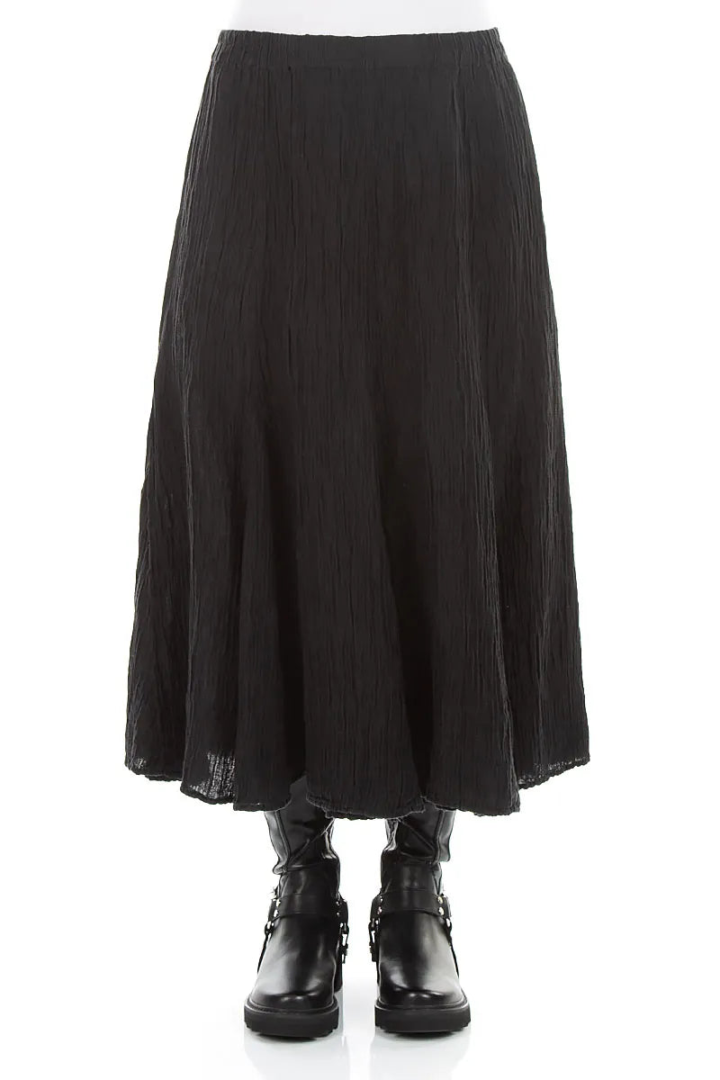 Flared Black Crinkled Silk Skirt