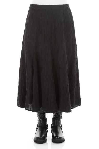 Flared Black Crinkled Silk Skirt