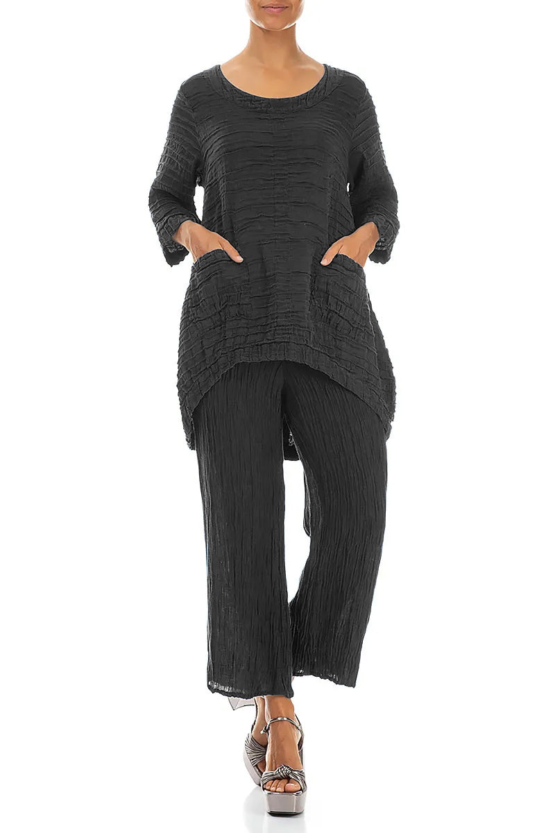 Flared Black Crinkled Silk Trousers 4